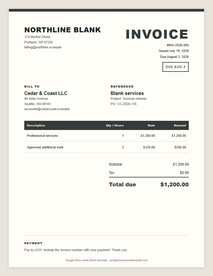 Blank Invoice Template preview showing client details, itemized services, payment terms, and total due