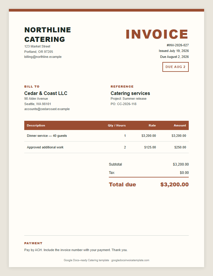 Catering Invoice Template preview showing client details, itemized services, payment terms, and total due