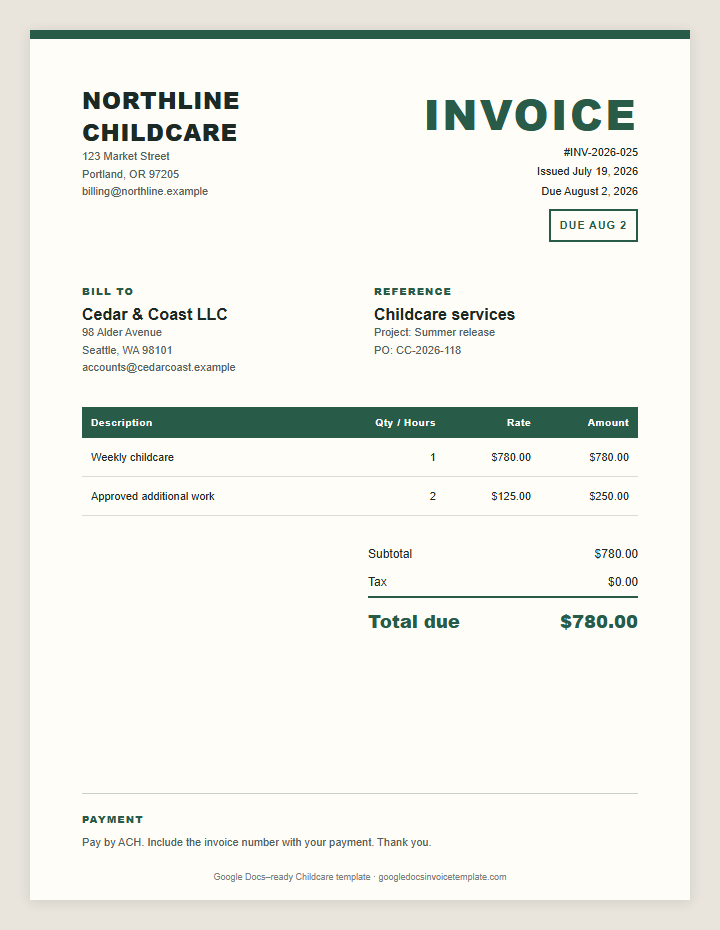 Childcare Invoice Template preview showing client details, itemized services, payment terms, and total due