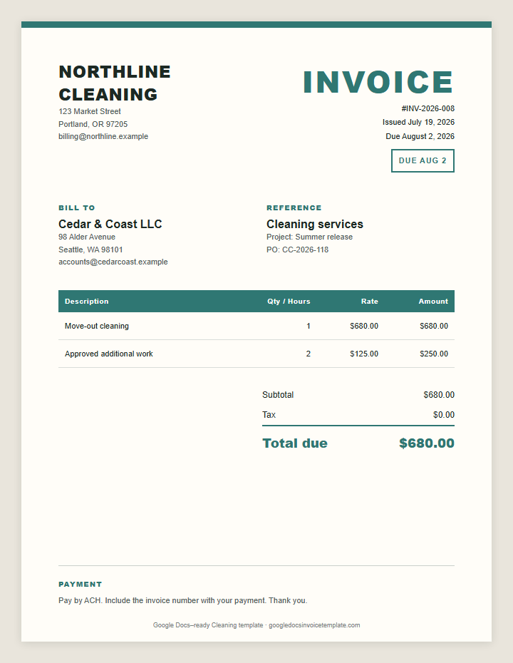 Cleaning Invoice Template preview showing client details, itemized services, payment terms, and total due