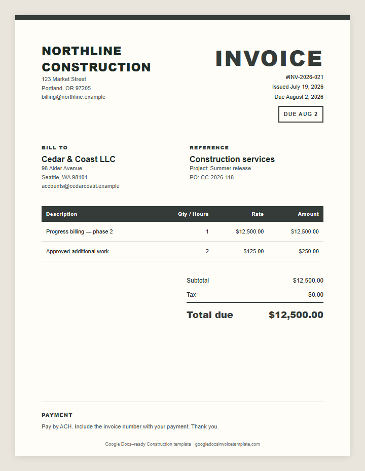 Construction Invoice Template preview showing client details, itemized services, payment terms, and total due