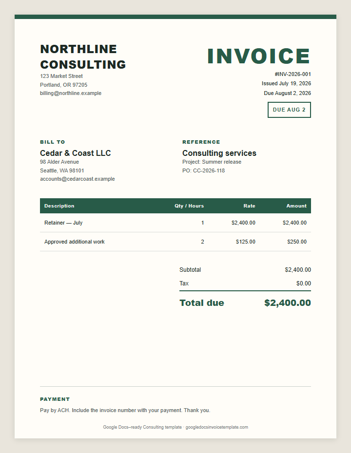 Consulting Invoice Template preview showing client details, itemized services, payment terms, and total due
