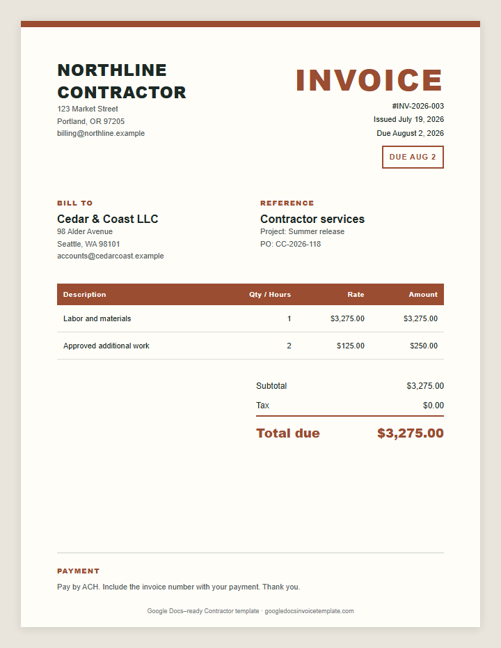 Contractor Invoice Template preview showing client details, itemized services, payment terms, and total due