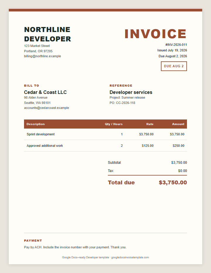 Developer Invoice Template preview showing client details, itemized services, payment terms, and total due