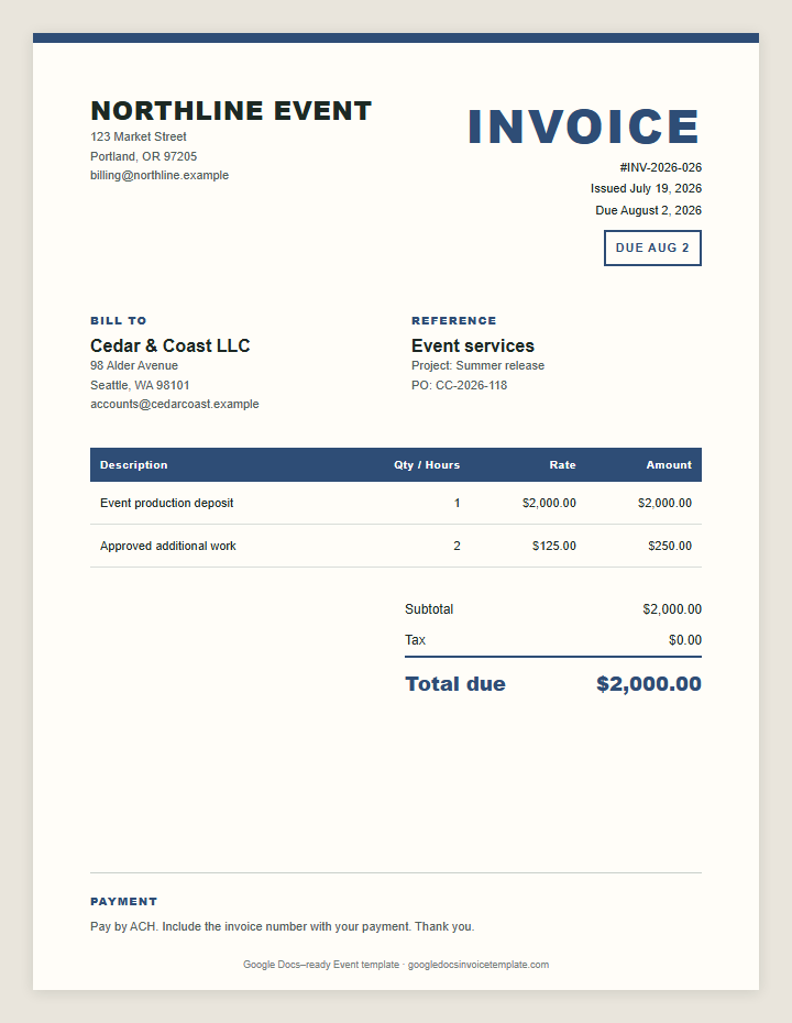 Event Invoice Template preview showing client details, itemized services, payment terms, and total due