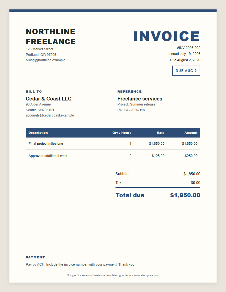 Freelance Invoice Template preview showing client details, itemized services, payment terms, and total due