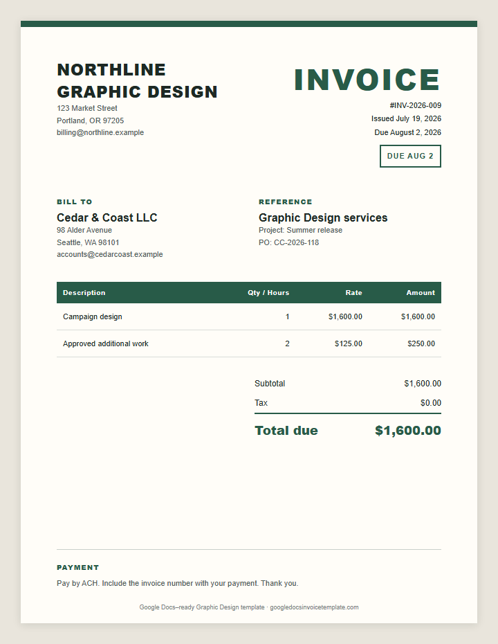Graphic Design Invoice Template preview showing client details, itemized services, payment terms, and total due