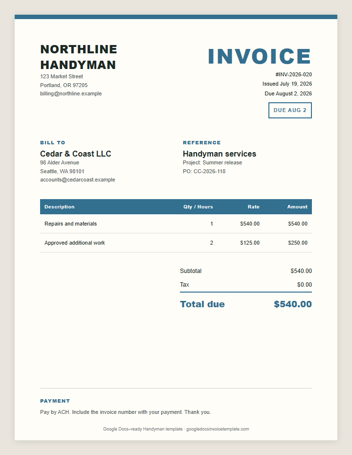 Handyman Invoice Template preview showing client details, itemized services, payment terms, and total due