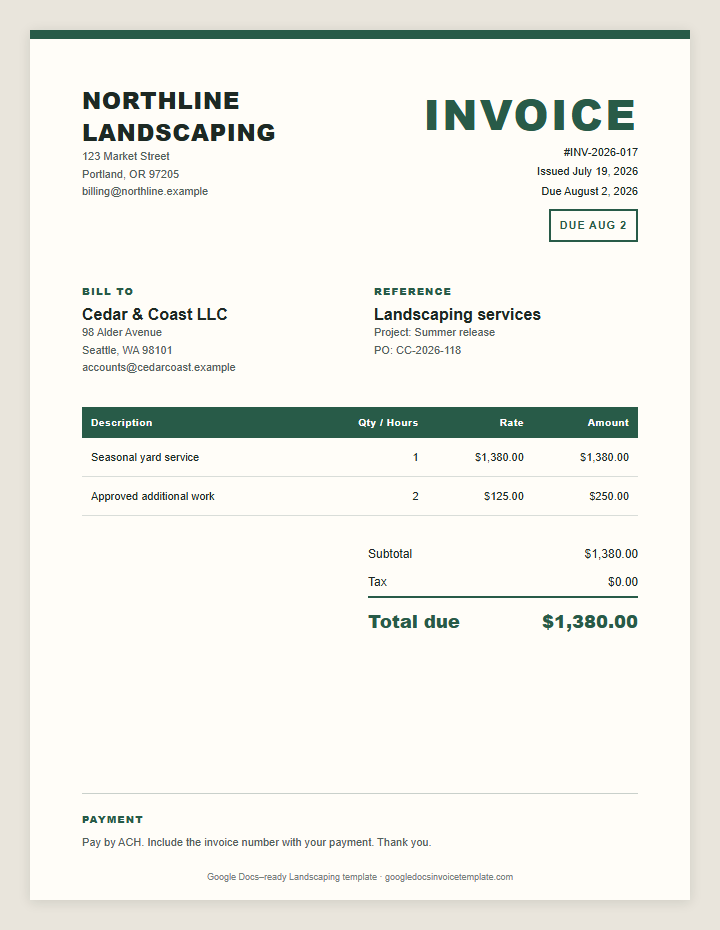 Landscaping Invoice Template preview showing client details, itemized services, payment terms, and total due
