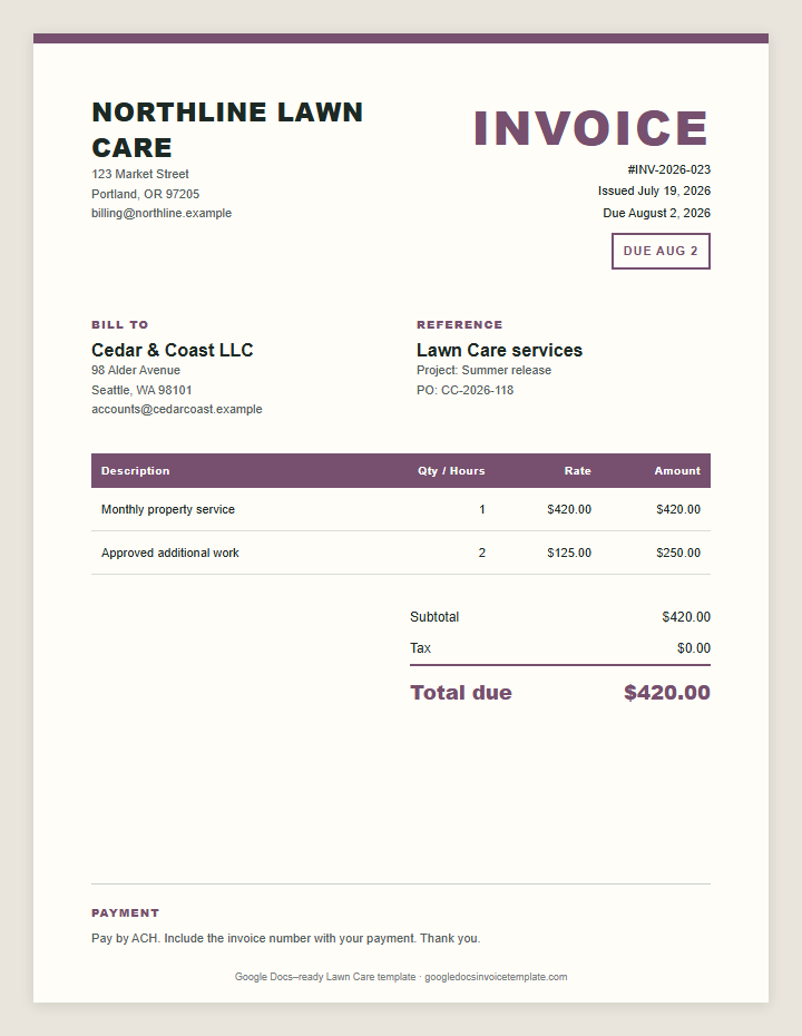 Lawn Care Invoice Template preview showing client details, itemized services, payment terms, and total due