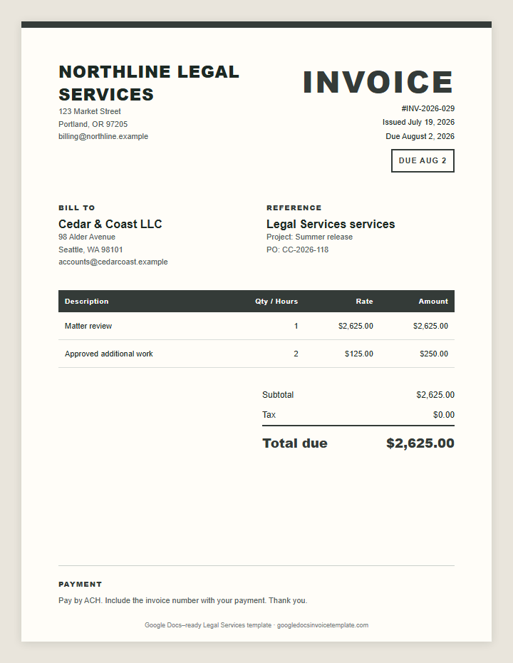 Legal Services Invoice Template preview showing client details, itemized services, payment terms, and total due