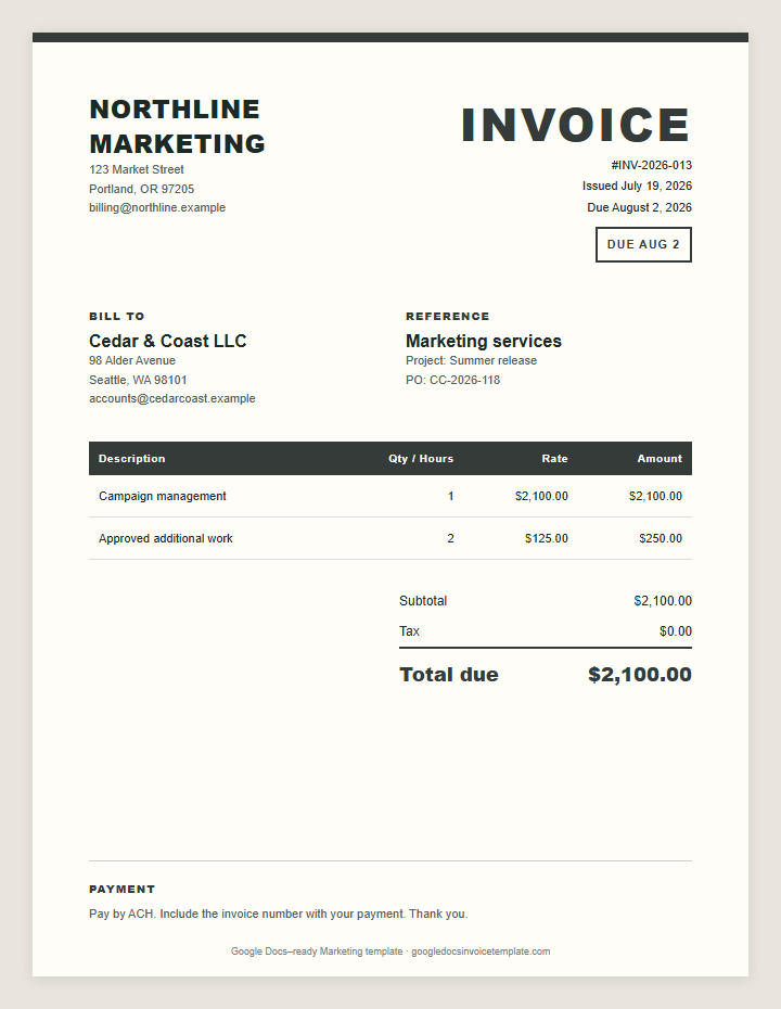 Marketing Invoice Template preview showing client details, itemized services, payment terms, and total due