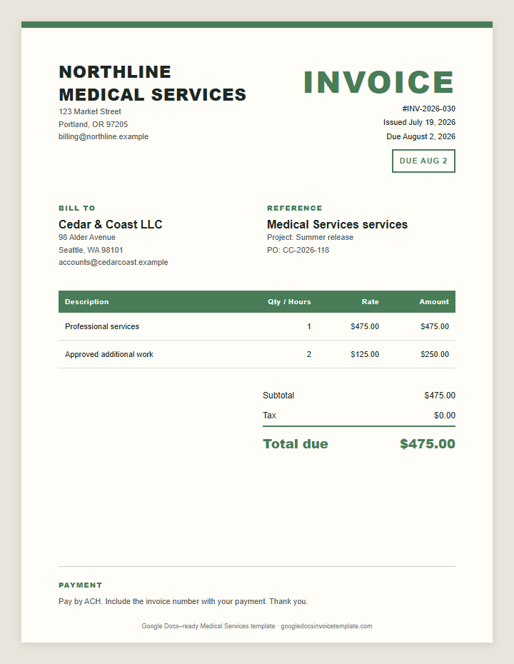 Medical Services Invoice Template preview showing client details, itemized services, payment terms, and total due