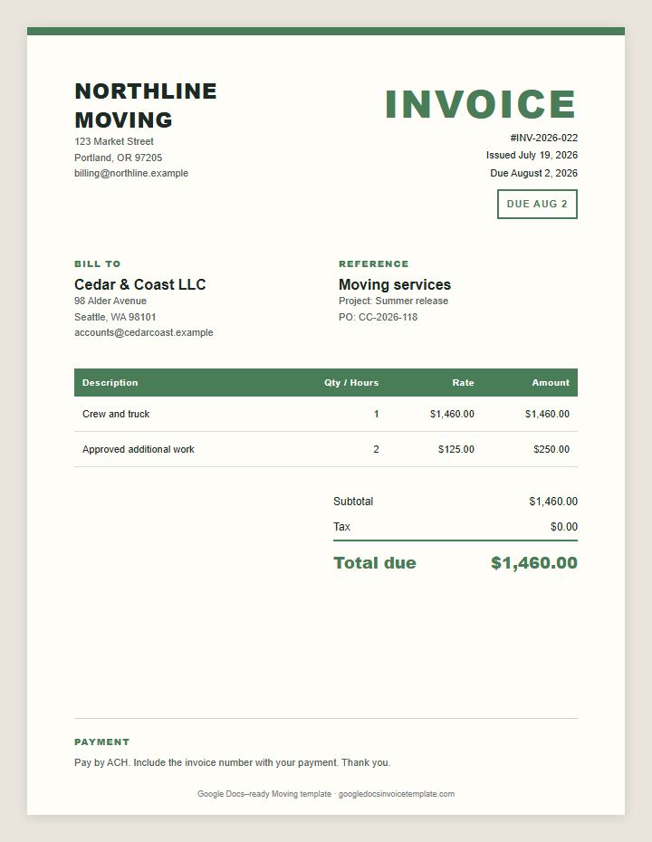 Moving Invoice Template preview showing client details, itemized services, payment terms, and total due