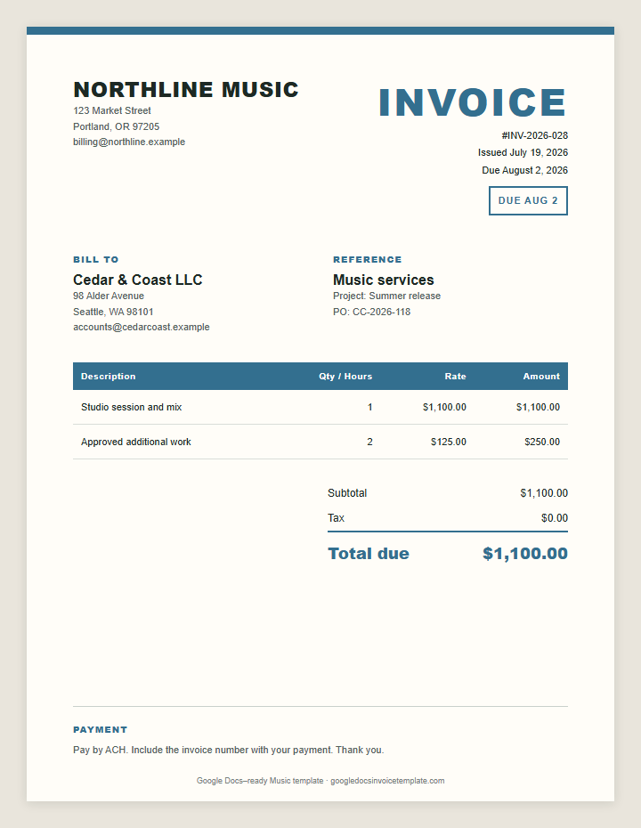 Music Invoice Template preview showing client details, itemized services, payment terms, and total due