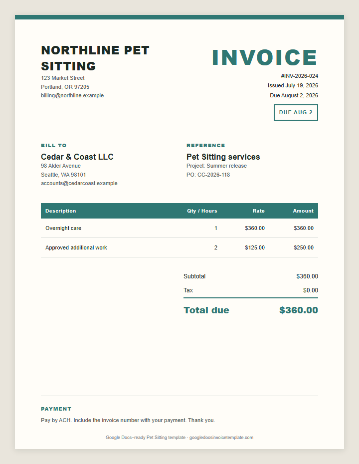 Pet Sitting Invoice Template preview showing client details, itemized services, payment terms, and total due