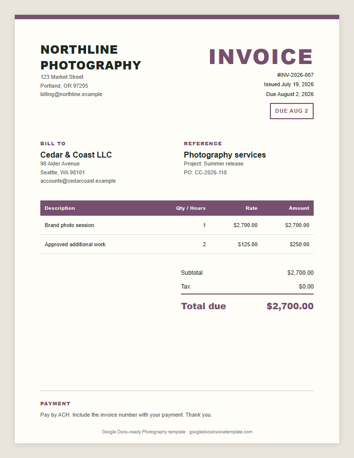 Photography Invoice Template preview showing client details, itemized services, payment terms, and total due