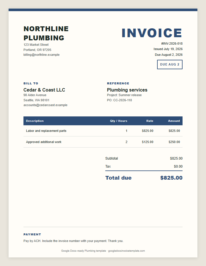 Plumbing Invoice Template preview showing client details, itemized services, payment terms, and total due