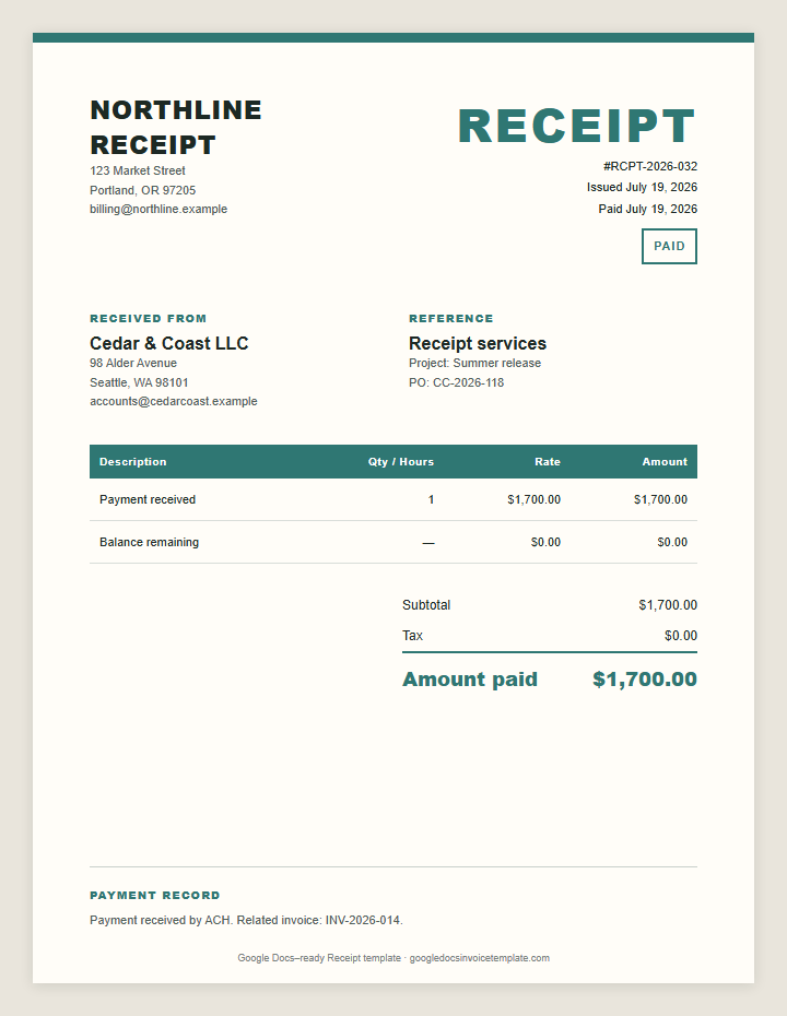 Receipt Template preview showing client details, itemized services, payment terms, and total due