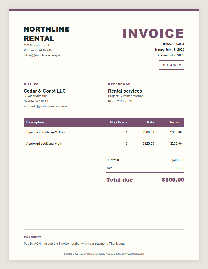 Rental Invoice Template preview showing client details, itemized services, payment terms, and total due