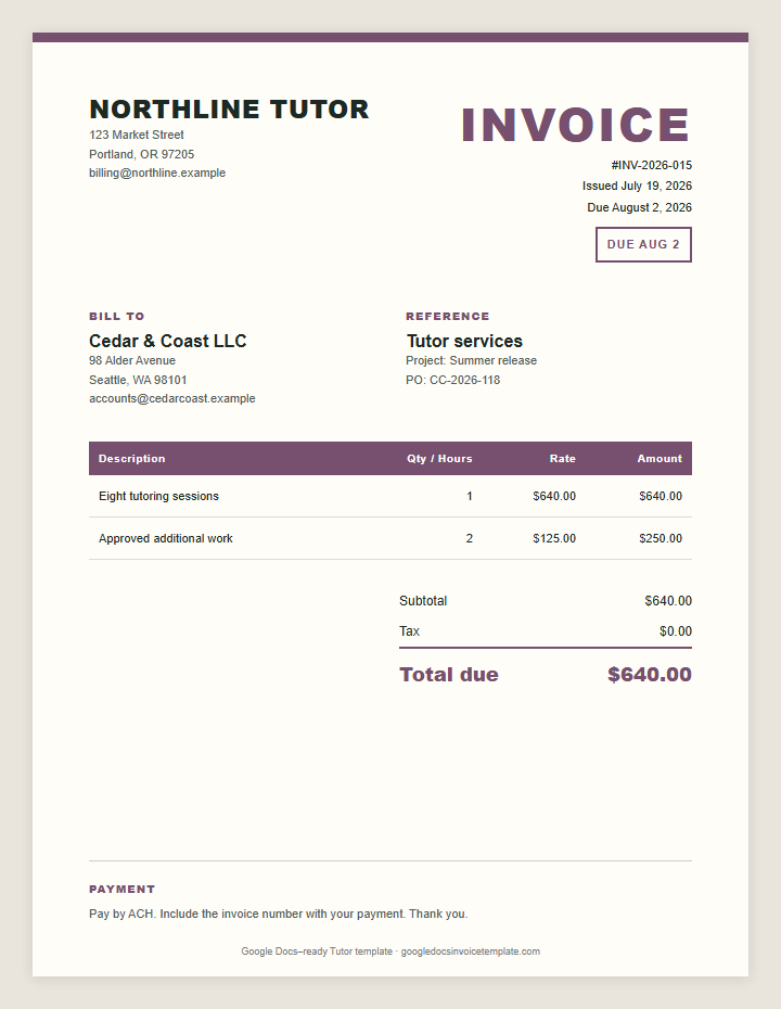 Tutor Invoice Template preview showing client details, itemized services, payment terms, and total due