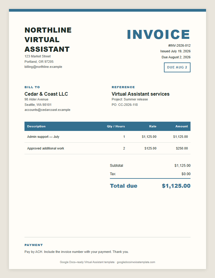 Virtual Assistant Invoice Template preview showing client details, itemized services, payment terms, and total due