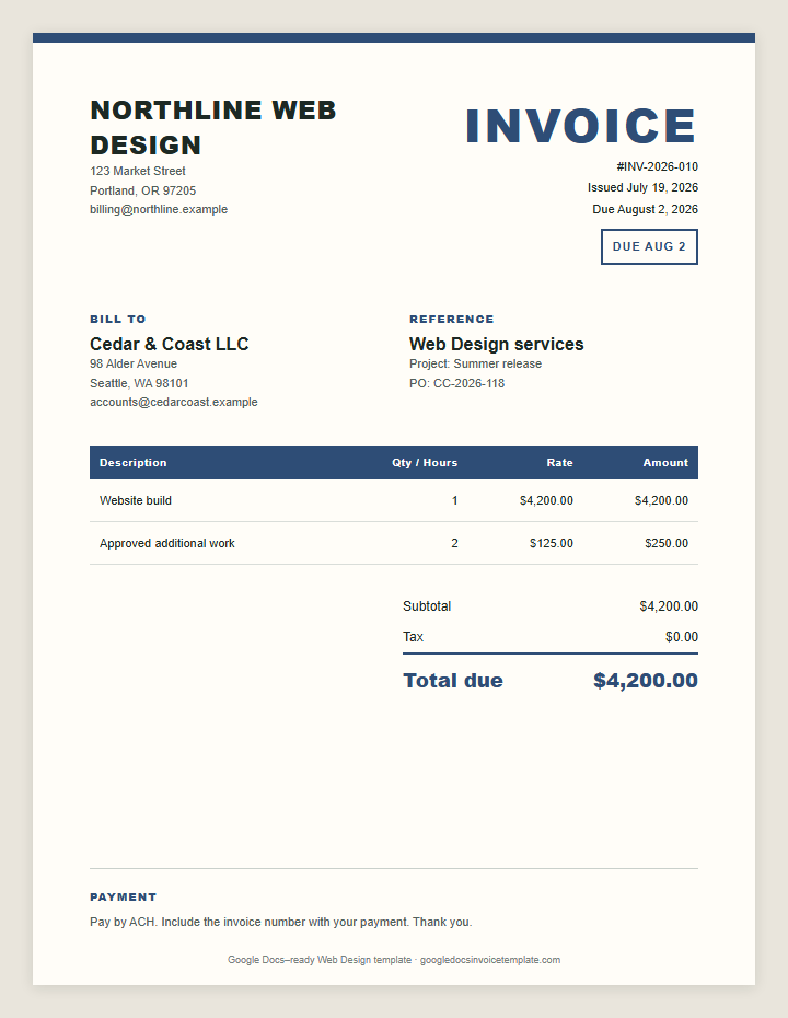 Web Design Invoice Template preview showing client details, itemized services, payment terms, and total due